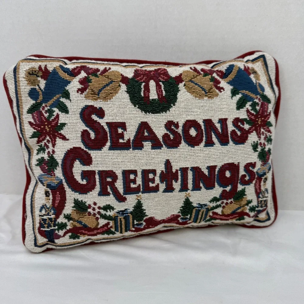 Vintage Seasons Greetings Tapestry Christmas Accent Pillow Woven Holiday Decor